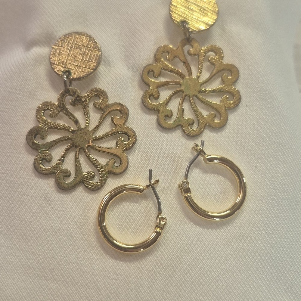 Gold Floral Drop Earrings and Gold Hoop Set. 2 For 1.